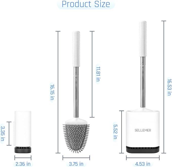 Sellemer Silicone Toilet Brush, Ventilation Slots Base Holder 3 Pack, White | Flexible Bristles Flat Head for Rim, Hair Tangle-Free, Easy to Clean, Compact Design, Rustproof Handle, for Toilet/Sink/Tub