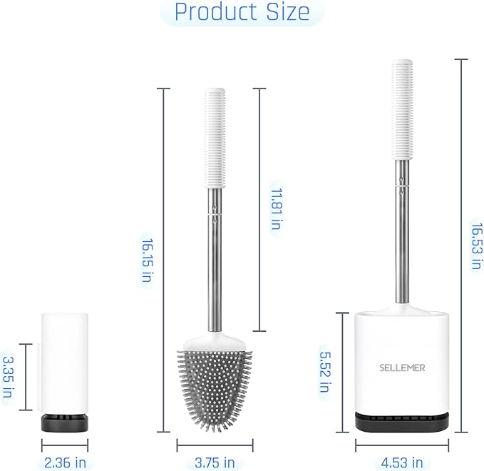 Sellemer Silicone Toilet Brush, Ventilation Slots Base Holder 4 Pack, White | Flexible Bristles Flat Head for Rim, Hair Tangle-Free, Easy to Clean, Compact Design, Rustproof Handle, for Toilet/Sink/Tub