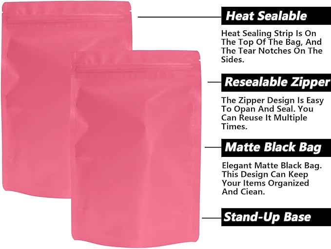 100PCS Smell Proof Resealable Pouch Bags,ULIFESTAR Aluminum Foil Flat Food Storage Bag,Sealable Pcsaging Zipper Pouches with Tear Notches for Pcsaging Lipgloss,Jewelry,etc(16 * 24cm/6.3 * 9.45",Pink)