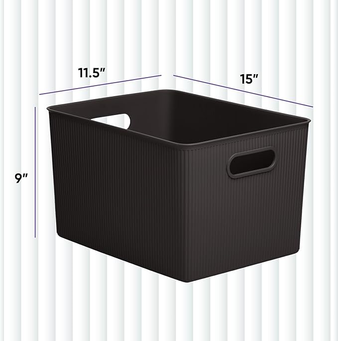 Superio Ribbed Collection - Decorative Plastic Basket Open Home Storage Bins Organizer, X-Large Brown (4 Pack) Container Boxes for Organizing Closet Storage Bins for Shelves 22 Liter/23 Quart