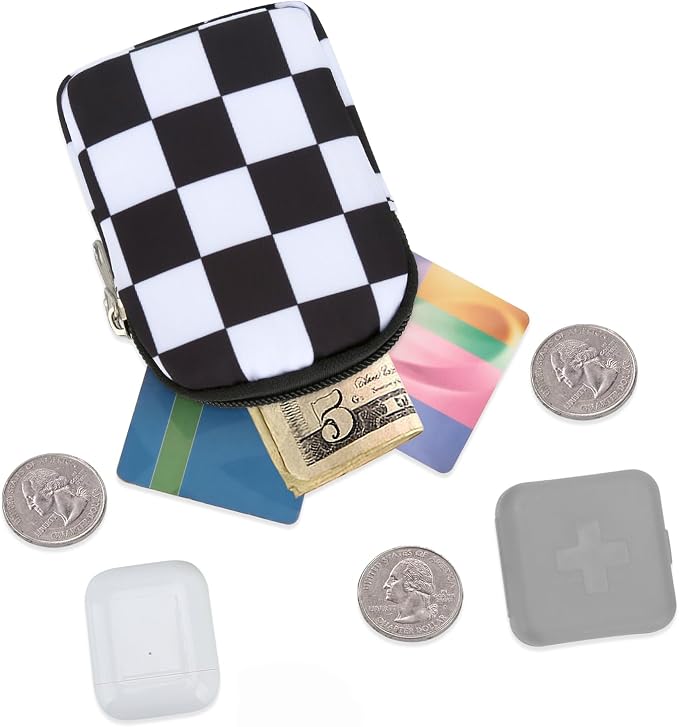 E-Tree Coin Purse with Carabiner Clip, Dual Layer Card Case Holder, Mini Pouch for AirPod Earphone Keychain USB Cable,Wallet, Small Accessories Organizer Bag for Women and Men (Black Checkered)