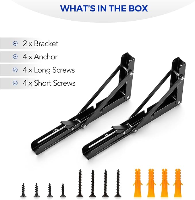 Ravinte Matte Black Folding Shelf Brackets, 10 Inch, 4 Pack | Collapsible Bracket Design, Table And Bench Support, Space-Saving Shelf Setup, For Worktops, Laundry Rooms, Garage Projects