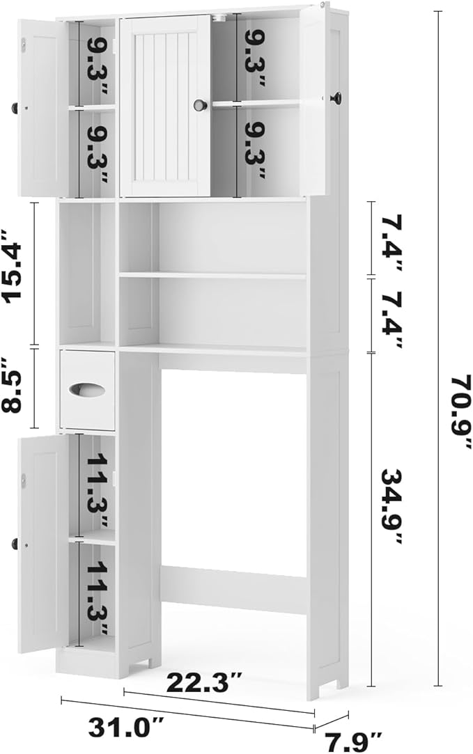 Ahomly Over The Toilet Storage Cabinet, with Five Doors, White | Over Toilet Bathroom Organizer with Adjustable Shelves, Above Toilet Storage Cabinet for Bathroom, Restroom, Laundry