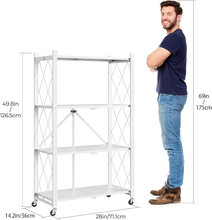 4-Tier Folding Metal Storage Rack - 50" Heavy-Duty Steel Frame with Wheels, No Assembly Utility Organizer, Rolling Shelving Unit for Kitchen, Garage, Pantry, Bedroom (White, 4 Tier)