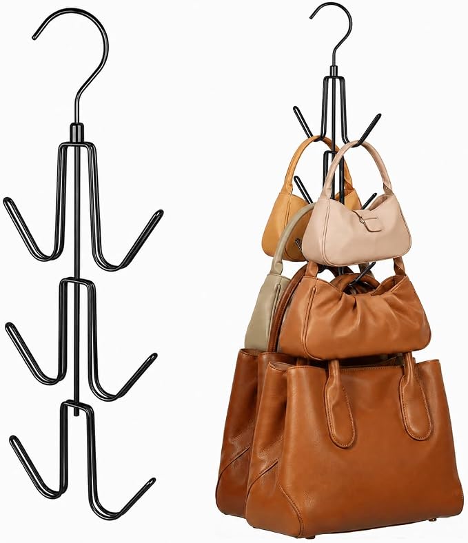 ZEDODIER 4 Pack Purse Organizer for Closet, Heavy-Duty Hanging Purse Hanger Closet Holds Up to 24 Purses, Metal Rotating Space Saving Bag Holder Handbag Storage Hook Backpack Rack, Black