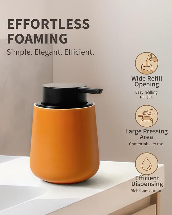 Bosilunlife 12Oz Ceramic Foam Soap Dispenser for Bathroom Kitchen Counter | Premium countertop foam pump creates delicate dense foam, stable desktop placement, Orange