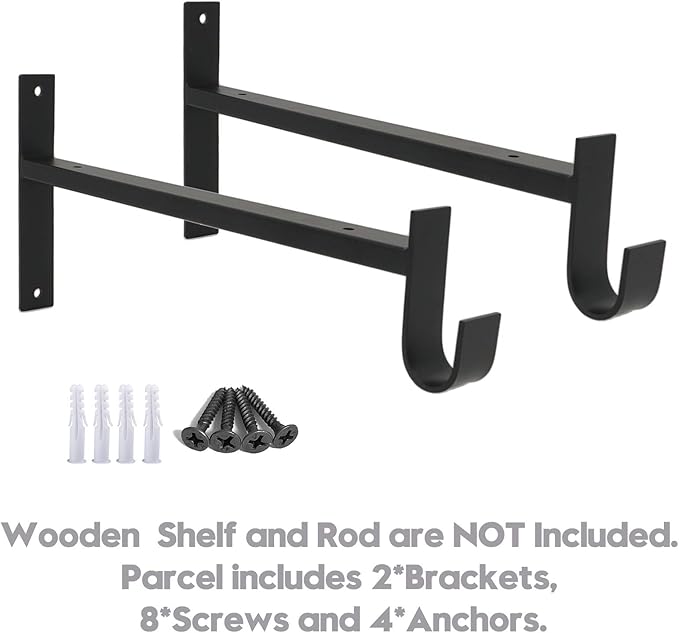 AddGrace Closet Rod Bracket Heavy Duty Shelf Brackets Black 8 Inch 2 Pack | Fit for Closet Wardrobe Laundry Room and Kitchen, with Hook, Store Above and Hang Below, Supports 66 lbs, Easy to Install