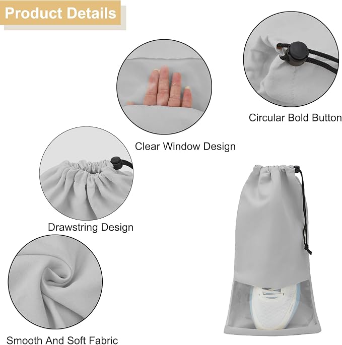 4 Pcs Single Shoe Bags for Travel, 9.1"x17.7" Drawstring Shoe Travel Bags with Clear TPU Window, Travel Organizer for Suitcase (Grey)