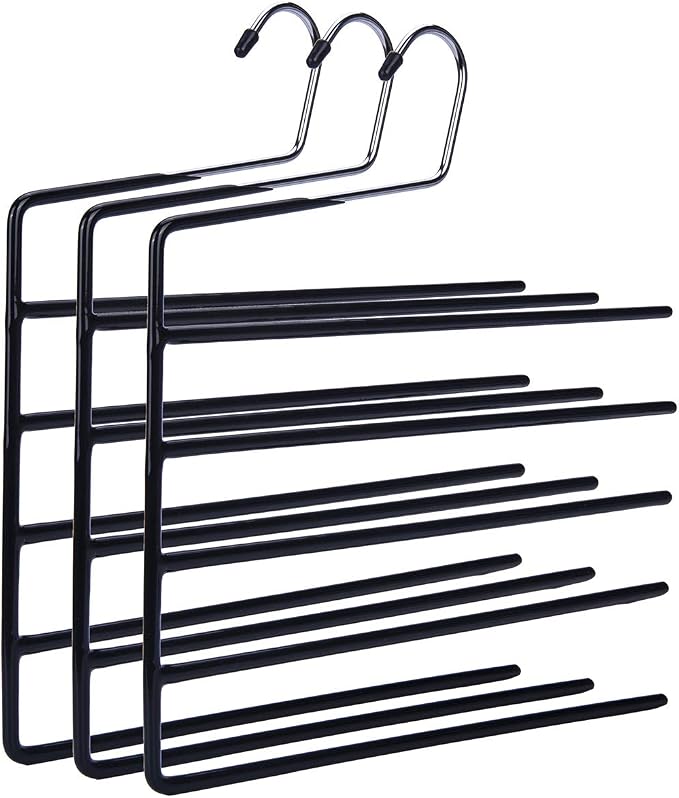 Nature Smile Pants Hangers 3pack, Heavy Duty Multi Layers Space Saving Slack Hangers,Non Slip 5 Tier Open-Ended Pants Hanger Closet Storage Organizer for Garden Flags Trousers Jeans Scarf