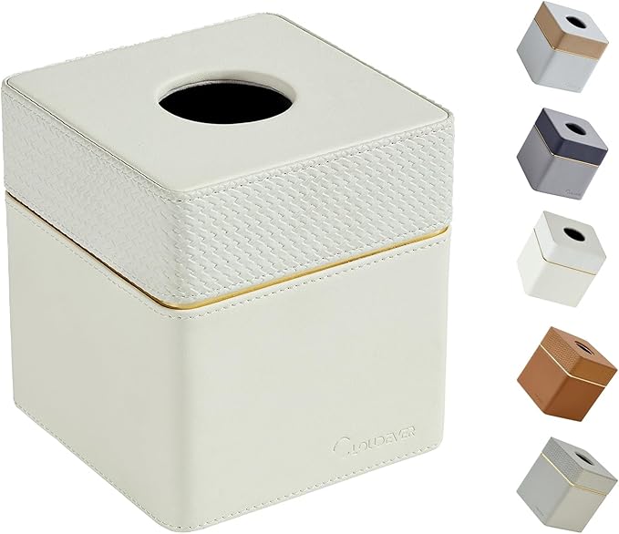 Tissue Box Holder Cover Square, Modern PU Leather Decorative Tissue Cube Holder Organizer-Woven White