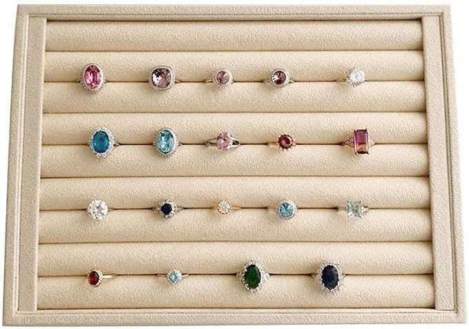 Premium Grade Beige Velvet Jewelry Organization Tray for Rings Drawer Insert Divider Closet Organizer