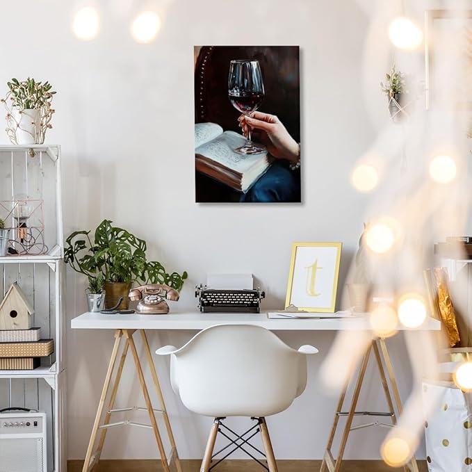 Wine and Book Girl Reading With Drink Art Aesthetic Poster Canvas Wall Art Decoration Living Room Home Decor Bedroom Decoration Poster Unframed20x30inch