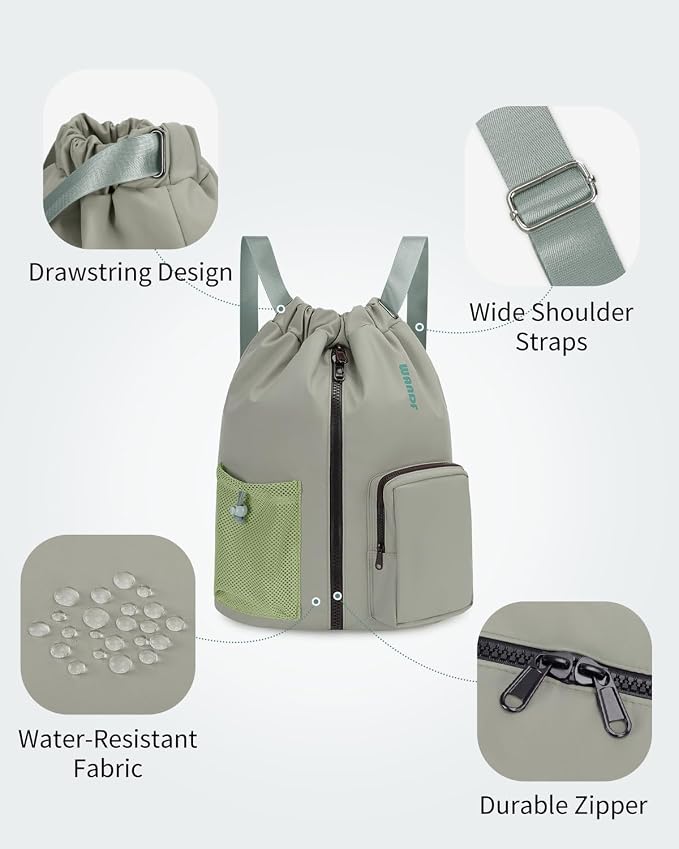WANDF Drawstring Backpack with Shoe Compartment, Sports Gym Bag | Multi-Pocket Storage, Water-Resistant Fabric, Cinch String Bag