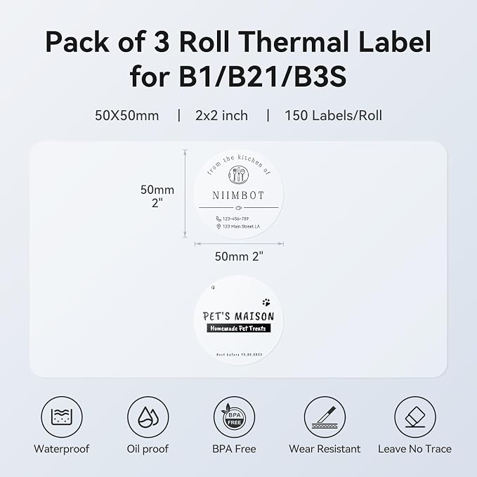 NIIMBOT 3 Rolls Set Label Tape, 2" X 2" (50x50mm) Clear Round Thermal Label | Waterproof Label for B1/B21/B3S Label Printer, for Logo/Gift/Barcode/Kitchen Jar