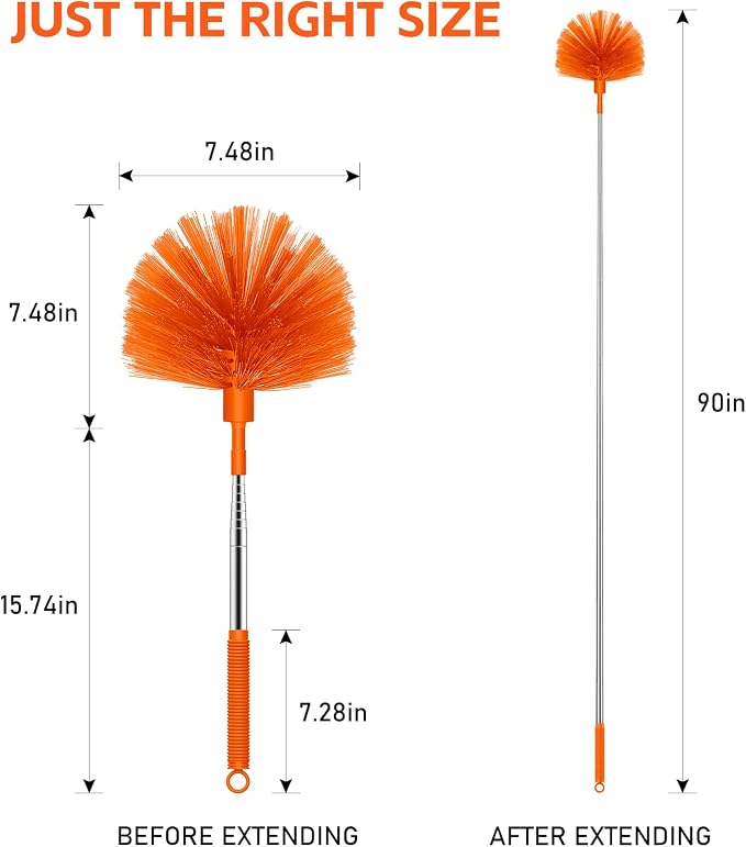 SetSail Cobweb Duster with Extension Pole, Retractable Dusters for Cobweb Cleaning 90-inch Long Handle Spider Web Brush for Outdoor Indoor High Ceilings Fan, Orange