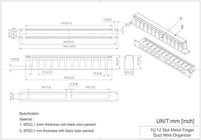 2 Pack- Metal 1U 19 Inch Cable Manager 12 Big Slots Horizontal Rack Mount Wire Organizer Cable Management System with Cover and Mounting Screws for 19" Network Cabinet(1UCM12S2PC)