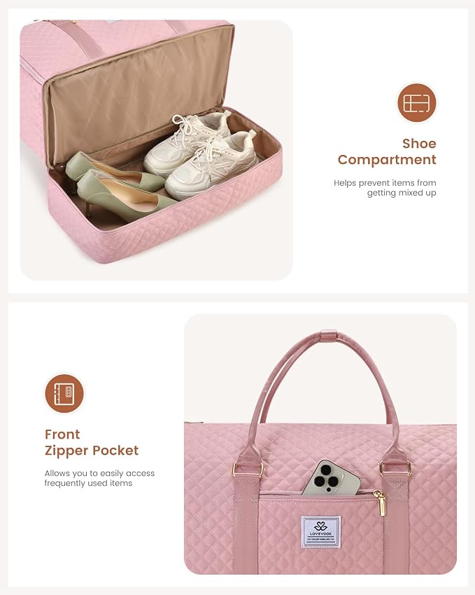 LOVEVOOK Convertible Garment Bag for Travel with Shoe Pouch, Carry On Garment Duffel Bag with Toiletry Bag, 2 in 1 Hanging Suitcase Suit Bag, Weekender Bag for Women Travel, Wedding, Pink