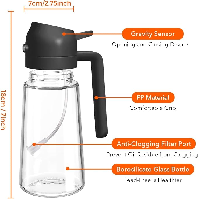 16oz Glass Olive Oil Sprayer for Cooking, 2 in 1 Oil Dispenser, Food Grade Premium Spray Bottle with Portion Control for Salad, Frying, BBQ (Black)