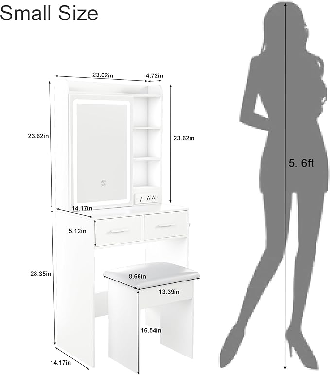 Small Makeup Vanity Desk with Mirror and Lights, Vanity Table Set with Storage Drawer & Open Shelves, 3 Lighting Colors, Adjustable Brightness Mini Makeup Vanity with Stool (Style B)