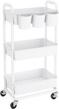 JIUYOTREE 3-Tier Plastic Rolling Storage Cart Utility Cart with Extra Hanging Cups Handles Lockable Wheels for Living Room Bathroom Kitchen Office White