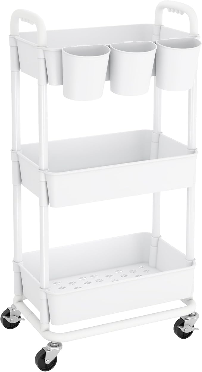 JIUYOTREE 3-Tier Plastic Rolling Storage Cart Utility Cart with Extra Hanging Cups Handles Lockable Wheels for Living Room Bathroom Kitchen Office White