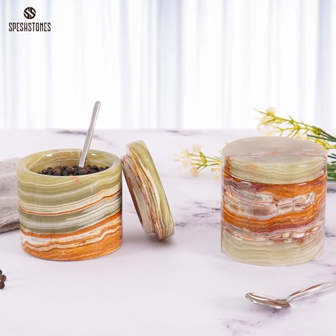 Marble Salt Cellar 3 Inch Green Salt Shakers Set for Kitchen, Salt Containers for Countertop, Sugar Bowl With Lid, Salt Holder, Spice Jars for Seasoning Storage, Salt Box