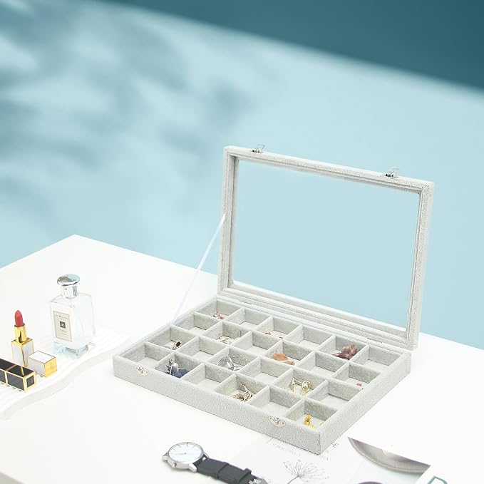 Coward Jewelry Organizer Tray Box, 24 Grids Ring Earring Chain Bracelet Necklace Jewelry Bead Display Holder Tray Case with Transparent Glass Lid for Home Drawer or Shop Selling
