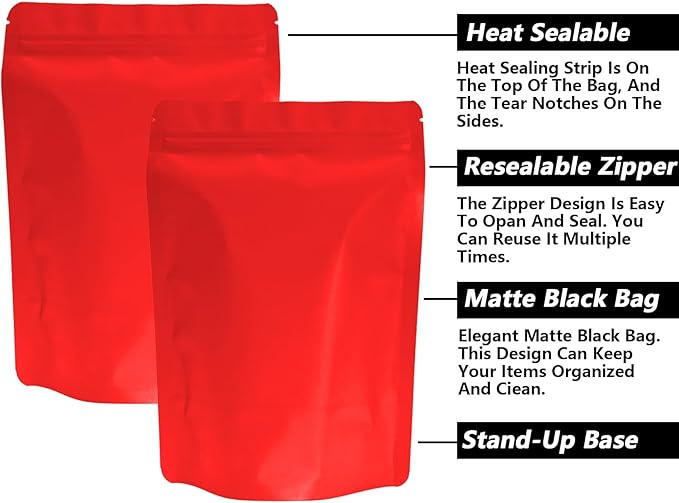 100PCS Smell Proof Resealable Pouch Bags,ULIFESTAR Aluminum Foil Flat Food Storage Bag,Sealable Pcsaging Zipper Pouches with Tear Notches for Pcsaging Lipgloss,Jewelry,etc(14 * 20cm/5.51 * 7.87",Red)