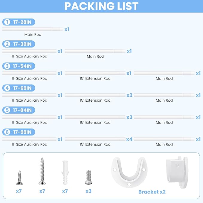 3 Pack Closet Rods for Hanging Clothes, 17 to 69 Inch Heavy Duty Stepless Adjustable Closet Hanging Rod, 1.3 Inch Diameter Metal Closet Rod for Wardrobes Laundry Bedroom RV, White