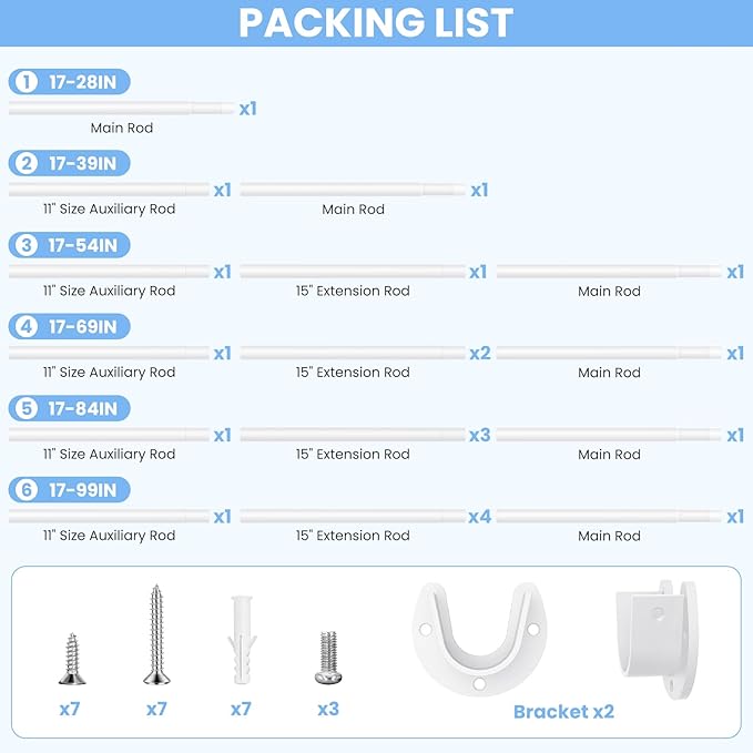 2 Pack Closet Rods for Hanging Clothes, 17 to 54 Inch Heavy Duty Stepless Adjustable Closet Hanging Rod, 1.3 Inch Diameter Metal Closet Rod for Wardrobes Laundry Bedroom RV, White
