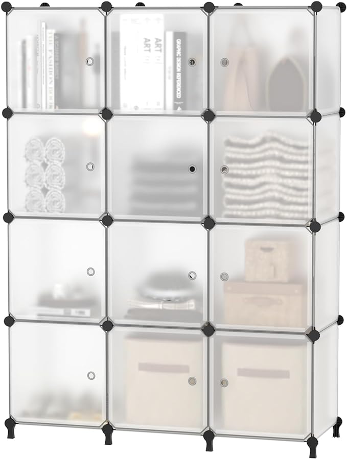 AWTATOS 12 Cube Storage Organizer, Closet Storage Shelves with Doors | Closet Organizers, DIY Stackable Storage Cube Shelf, Plastic Clothes Organizer Shelving for Bedroom, Home Office，Translucent
