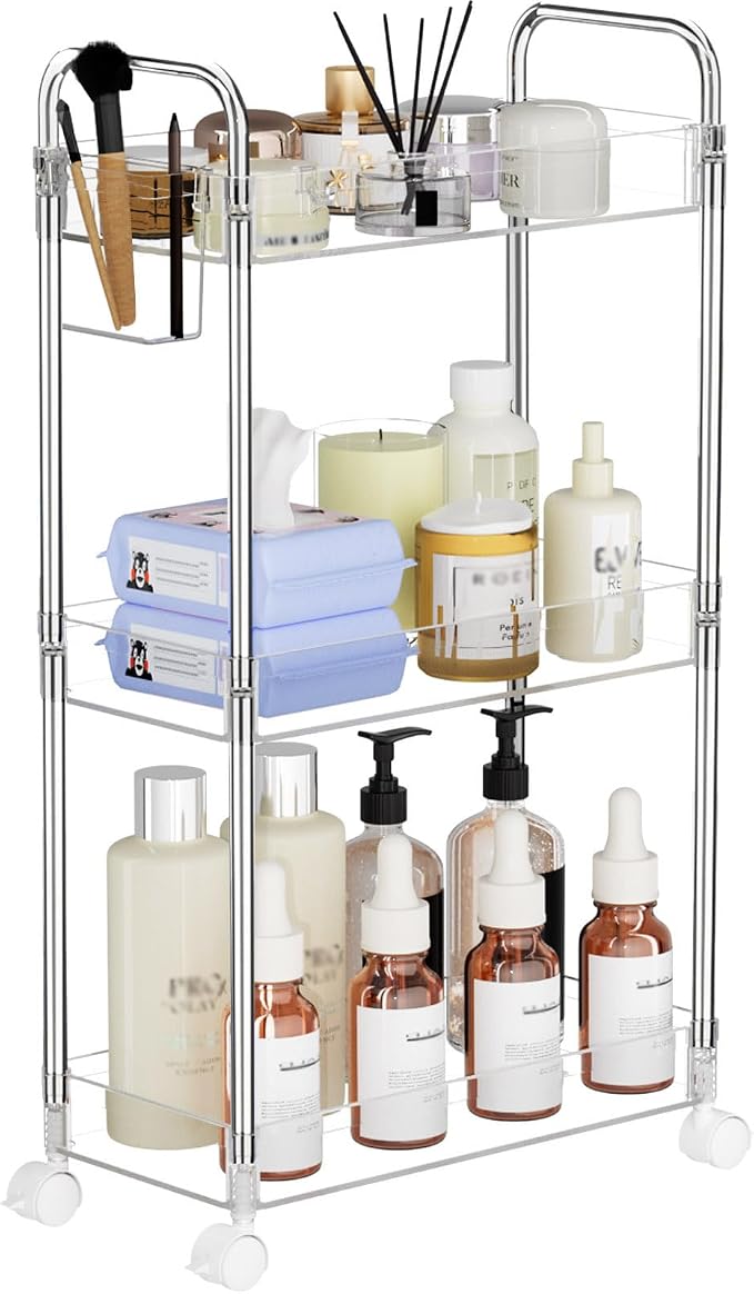 SPACEKEEPER 3 Tier Acrylic Storage Rolling Cart Clear Bathroom Cart Organizer, Transparency Laundry Room Organization Mobile Shelving Unit Multifunction Rolling Utility Cart for Office Living Room