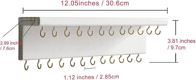 SANY DAYO HOME Jewelry Organizer with 24 Hooks and Cosmetics Shelf, 12 x 3 x 4 inches Wall Mounted Rustic Pine Wood Holder for Necklaces and Bracelets, Suitable for Kids and Adults (Retro White)