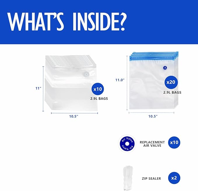 VICARKO 30 Vacuum Zipper Bags, Vacuum Sealer Bags, Food Storage, Reusable Bags, with Double Layers, BPA Free, 2.9L, 11.0 x 10.5"（20 Blue Classic+10 White Upgraded ）