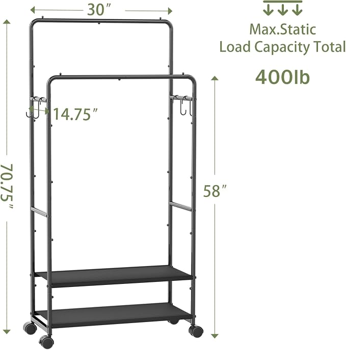 Simple Trending Clothes Rack for Hanging Clothes, Double Rod Clothing Rack with Shelves Load 400 LBS, Garment Rack with Wheels, Black
