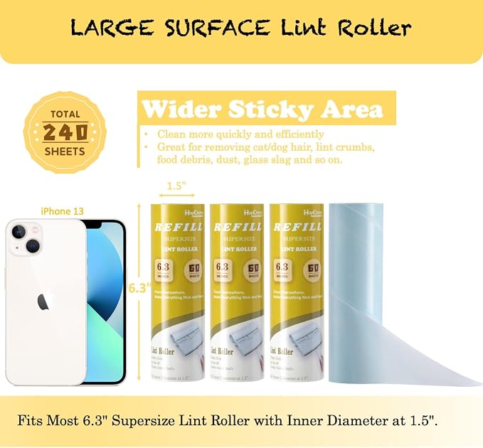 Lint Roller Refills 6.3", 240 Sheets, Extra Sticky, Two-Color Easy Tear-Off | 4-pack, 60 sheets each. Diagonal Cut, Two-Color Alternating Design for pet hair, dust, lint on clothes, sofas, and cars.