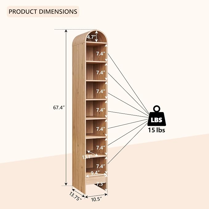 IFGET 67" Tall Arched Shoe Storage Cabinet, 8 Tiers 8 Pairs Wooden Shoe Rack with 3 Adjustable Shelves, Freestanding Shoe Closet Shelf Organizer for Entryway, Hallway, Living Room (Natural)