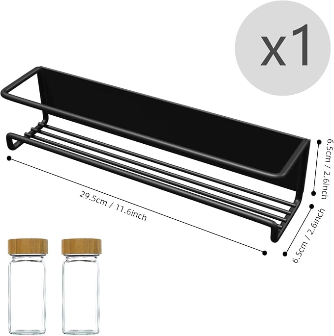 Magnetic Spice Rack for Refrigerator Magnetic Shelf for Side of Refrigerator Microwave Moveable and Powerful Magnetic, with 2 Spice Jars, Space Saving, Magnetic Laundry Organizer (Black)