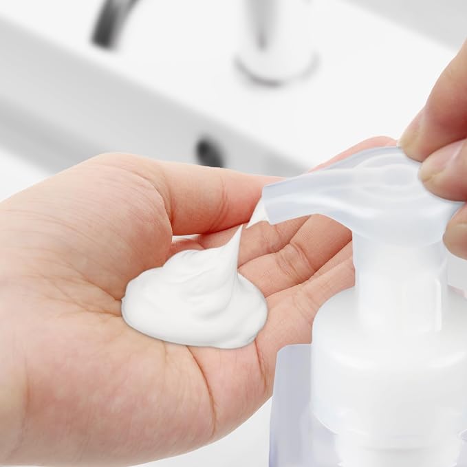 250ML Foaming Soap Dispenser, 2-Pack Plastic Hand Soap Dispenser, Refillable Leakproof Foam Pump Bottle with Waterproof Labels, for Shampoo, Body Wash