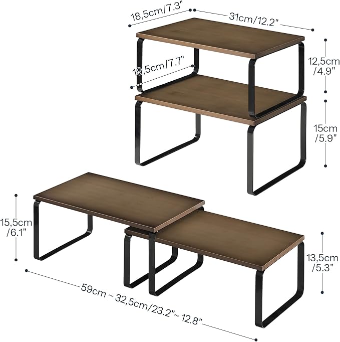 HOOBRO Cabinet Organizer Shelf, Set of 2 Kitchen Counter Shelves, Expandable Kitchen Storage, Stackable Bamboo Spice Rack, for Kitchen, Countertop, Office Desk, Bathroom, Mocha and Black CB30TL01