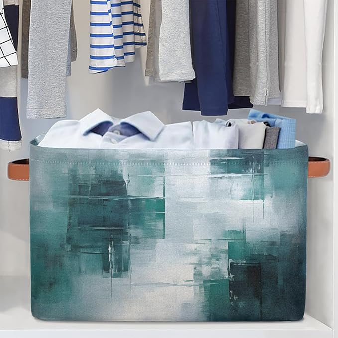 Rectangle Storage Baskets for Shelves, Abstract Teal Gray Texture Storage Cube Organizer Bins Collapsible Toy Basket for Nursery Home Room