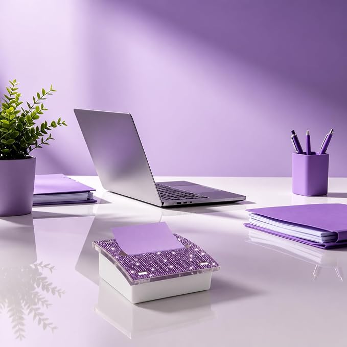 Pop up Post it Notes Dispenser,Rhinestone Self Sticky Note Holder,Sticky Note Dispenser,Post it Note Holder,Cute Purple Desk Accessories for Office Supplies,Office Desk Decor(White Purple)