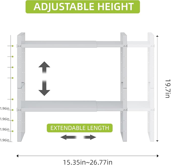 Expandable Cabinet Shelf Organizer Rack, Stackable Kitchen Counter Storage Shelves Stand, Adjustable Height Pantry Shelf Spice Rack (White-2 Pack, 8.7" D x 15.4-26.8" W x 9.8" H)