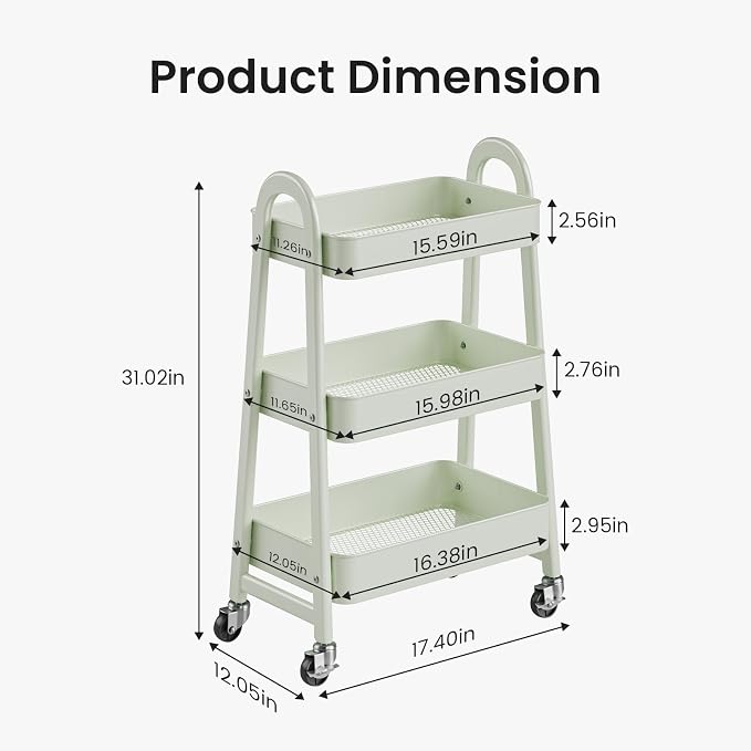 DUMOS 3 Tiers Rolling Cart, Utility Cart, Metal, Light Green | Mobile Storage, Lockable Wheels, Utility Shelving Unit, Kitchen, Bathroom, Laundry, Narrow Places