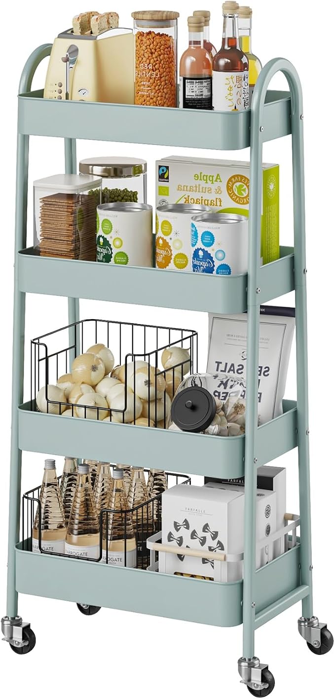 DUMOS 4 Tiers Rolling Utility Cart, Storage Organizer, Shelving Unit | Metal, Lockable Wheels, Mobile, Kitchen, Bathroom, Laundry, Narrow Places, Green