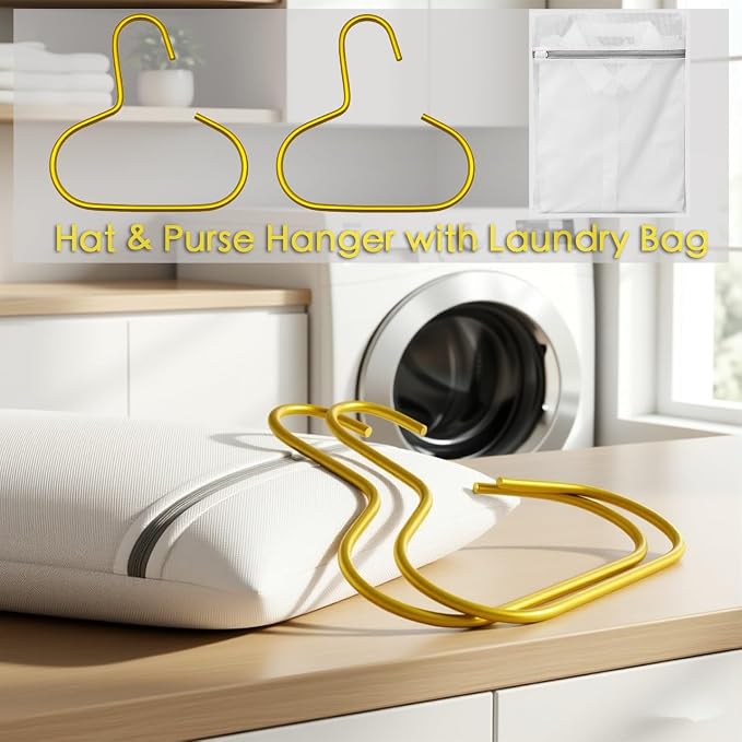 Hat & Purse Hanger with Laundry Bag (2 Hooks + 1 Bag) - Gold Metal S Hooks for Closet, Baseball Caps, Scarves, Belts, Handbags - Space Saving Wardrobe Storage Set
