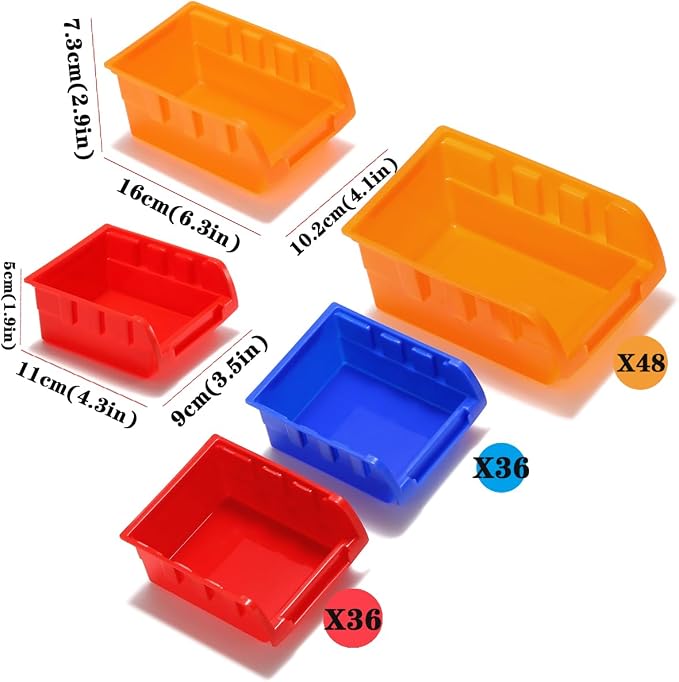 30-Bin Wall Mounted Storage Bins Kit, Tool Organizer Rack, Garage Hardware Organizer, Parts Storage Bins, DIY Combination 4 Set (Red & Blue & Orange Type)