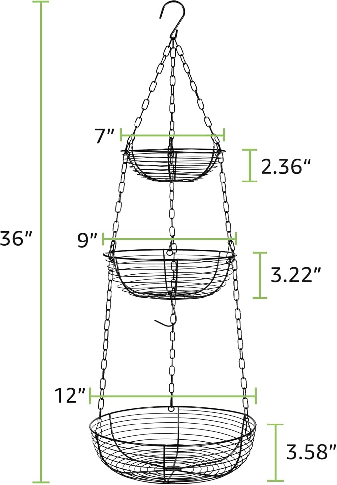 HULISEN 3 Tier Hanging Fruit Basket with Banana Hook, 36-Inch Heavy-Duty Wire Hanging Baskets for Kitchen Storage, Vegetable Produce Organizer (Including Installation Bracket)
