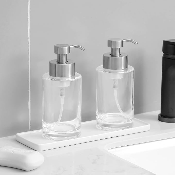 Foaming Soap Dispenser Set, 12 Oz Glass Hand Soap Dispenser with 304 Rust Proof Stainless Steel Pump, Waterproof Labels, for Bathroom Decor Kitchen College Dorm, Clear Silver Pump 2 Pack | Rust Proof Silver Pump, Sturdy, Clear Empty Foam Bottle with Wa...