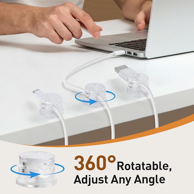 AGPTEK 8 Pack Magnetic Cable Clips, 360° Rotatable Cord Holder, Clear | Cable Holder for Nightstand, Desk Cord Organizer Adhesive Wire Management Home Phone Charging Cords USB Cable Keeper